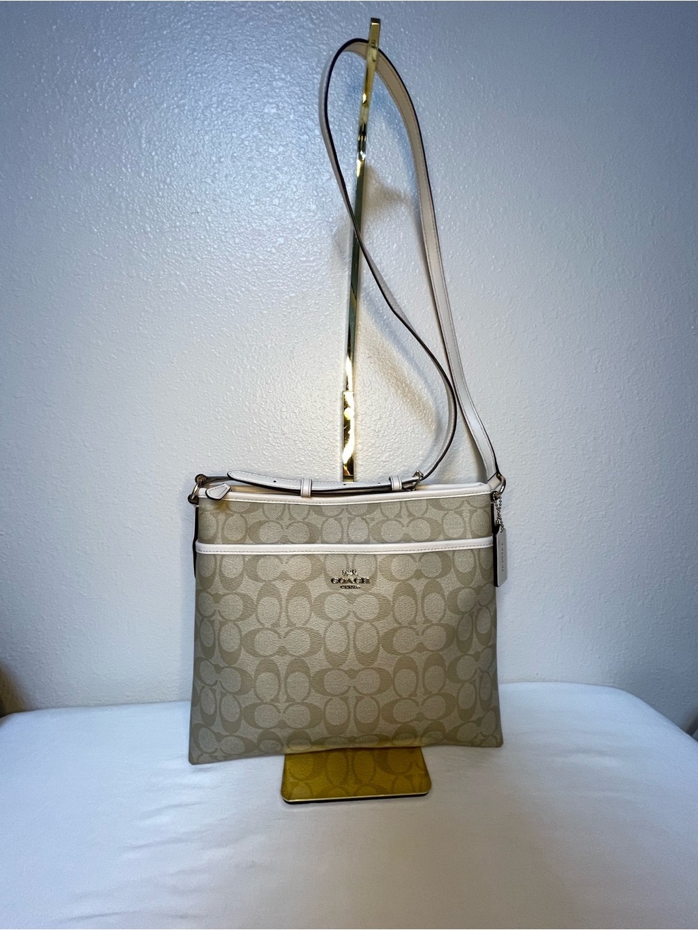 Coach Rowan File Bag in Signature Canvas (Color: Light Khaki/Chalk).